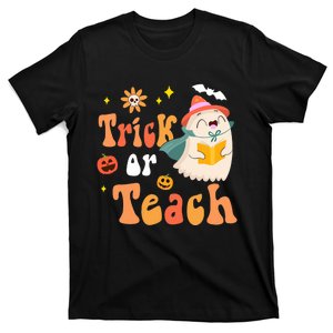 Groovy Halloween Trick Or Teach Floral Ghost Teacher T-Shirt