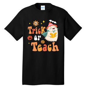 Groovy Halloween Trick Or Teach Floral Ghost Teacher Tall T-Shirt