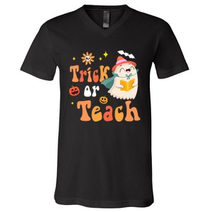 Groovy Halloween Trick Or Teach Floral Ghost Teacher V-Neck T-Shirt