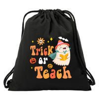 Groovy Halloween Trick Or Teach Floral Ghost Teacher Drawstring Bag