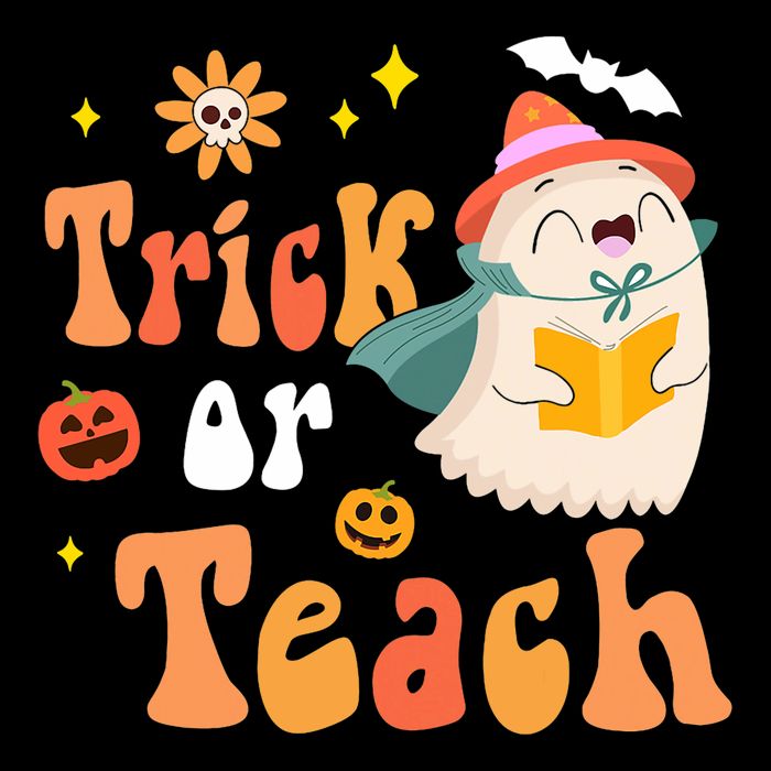 Groovy Halloween Trick Or Teach Floral Ghost Teacher Drawstring Bag