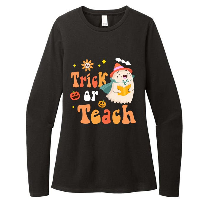 Groovy Halloween Trick Or Teach Floral Ghost Teacher Womens CVC Long Sleeve Shirt