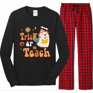 Groovy Halloween Trick Or Teach Floral Ghost Teacher Long Sleeve Pajama Set