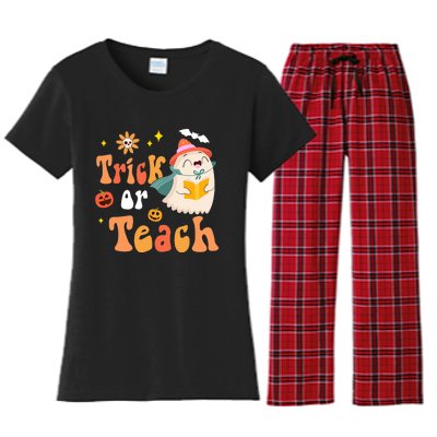 Groovy Halloween Trick Or Teach Floral Ghost Teacher Women's Flannel Pajama Set