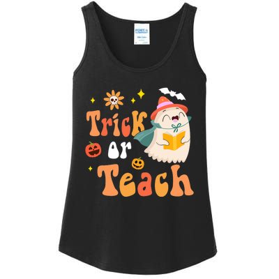 Groovy Halloween Trick Or Teach Floral Ghost Teacher Ladies Essential Tank