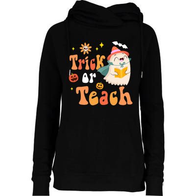 Groovy Halloween Trick Or Teach Floral Ghost Teacher Womens Funnel Neck Pullover Hood