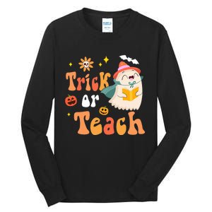 Groovy Halloween Trick Or Teach Floral Ghost Teacher Tall Long Sleeve T-Shirt