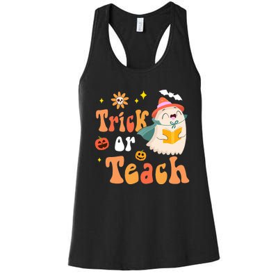 Groovy Halloween Trick Or Teach Floral Ghost Teacher Women's Racerback Tank