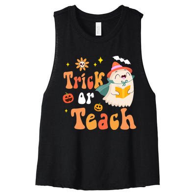 Groovy Halloween Trick Or Teach Floral Ghost Teacher Women's Racerback Cropped Tank