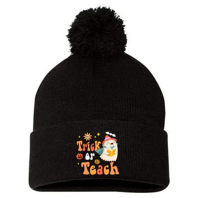 Groovy Halloween Trick Or Teach Floral Ghost Teacher Pom Pom 12in Knit Beanie