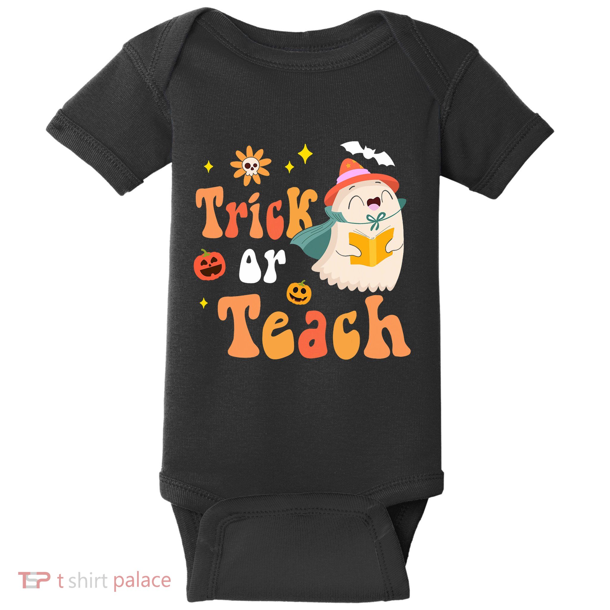 Groovy Halloween Trick Or Teach Floral Ghost Teacher Baby Bodysuit