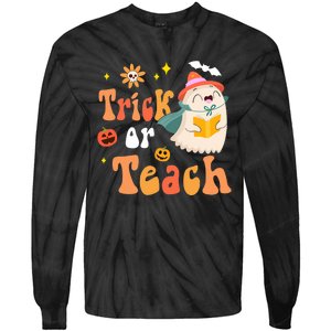 Groovy Halloween Trick Or Teach Floral Ghost Teacher Tie-Dye Long Sleeve Shirt