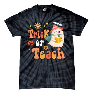 Groovy Halloween Trick Or Teach Floral Ghost Teacher Tie-Dye T-Shirt