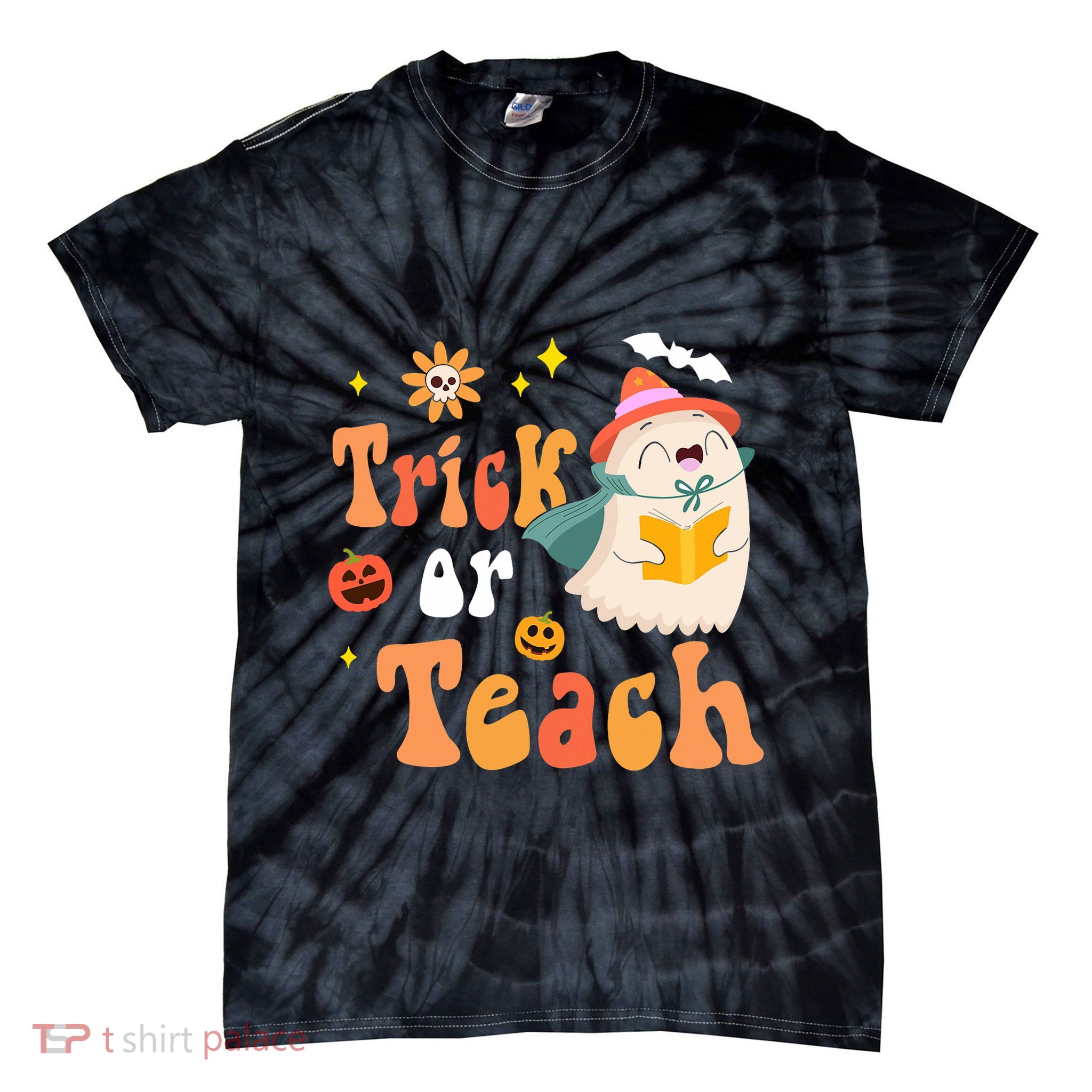 Groovy Halloween Trick Or Teach Floral Ghost Teacher Tie-Dye T-Shirt