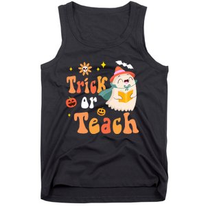 Groovy Halloween Trick Or Teach Floral Ghost Teacher Tank Top