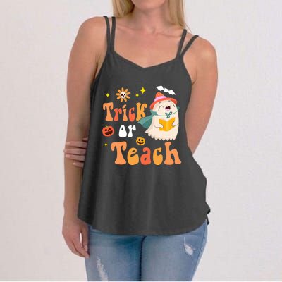 Groovy Halloween Trick Or Teach Floral Ghost Teacher Women's Strappy Tank