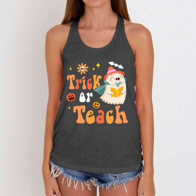 Groovy Halloween Trick Or Teach Floral Ghost Teacher Women's Knotted Racerback Tank