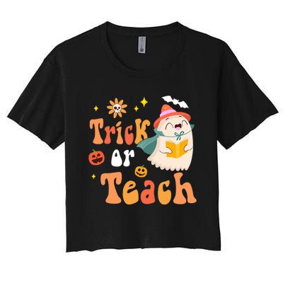 Groovy Halloween Trick Or Teach Floral Ghost Teacher Women's Crop Top Tee