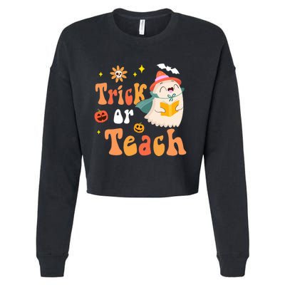 Groovy Halloween Trick Or Teach Floral Ghost Teacher Cropped Pullover Crew