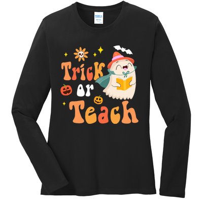 Groovy Halloween Trick Or Teach Floral Ghost Teacher Ladies Long Sleeve Shirt