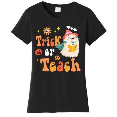 Groovy Halloween Trick Or Teach Floral Ghost Teacher Women's T-Shirt