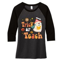 Groovy Halloween Trick Or Teach Floral Ghost Teacher Women's Tri-Blend 3/4-Sleeve Raglan Shirt