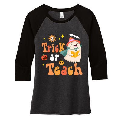 Groovy Halloween Trick Or Teach Floral Ghost Teacher Women's Tri-Blend 3/4-Sleeve Raglan Shirt