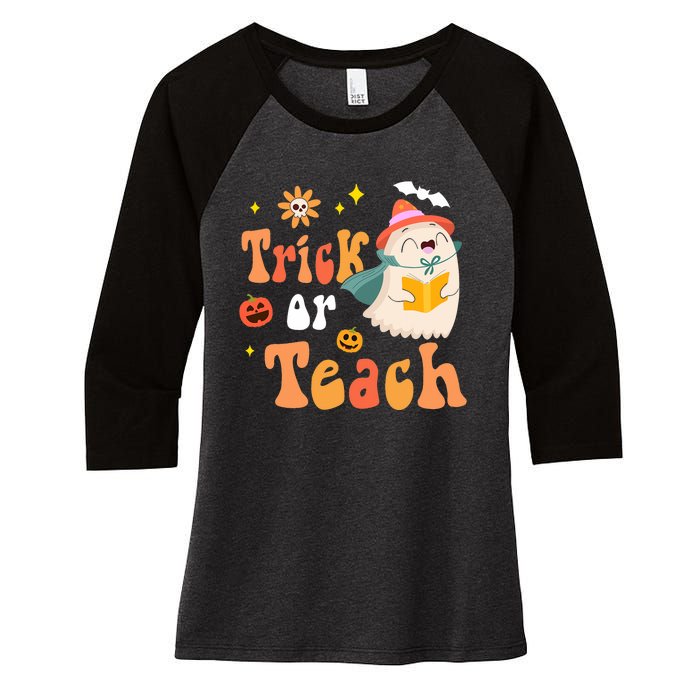 Groovy Halloween Trick Or Teach Floral Ghost Teacher Women's Tri-Blend 3/4-Sleeve Raglan Shirt