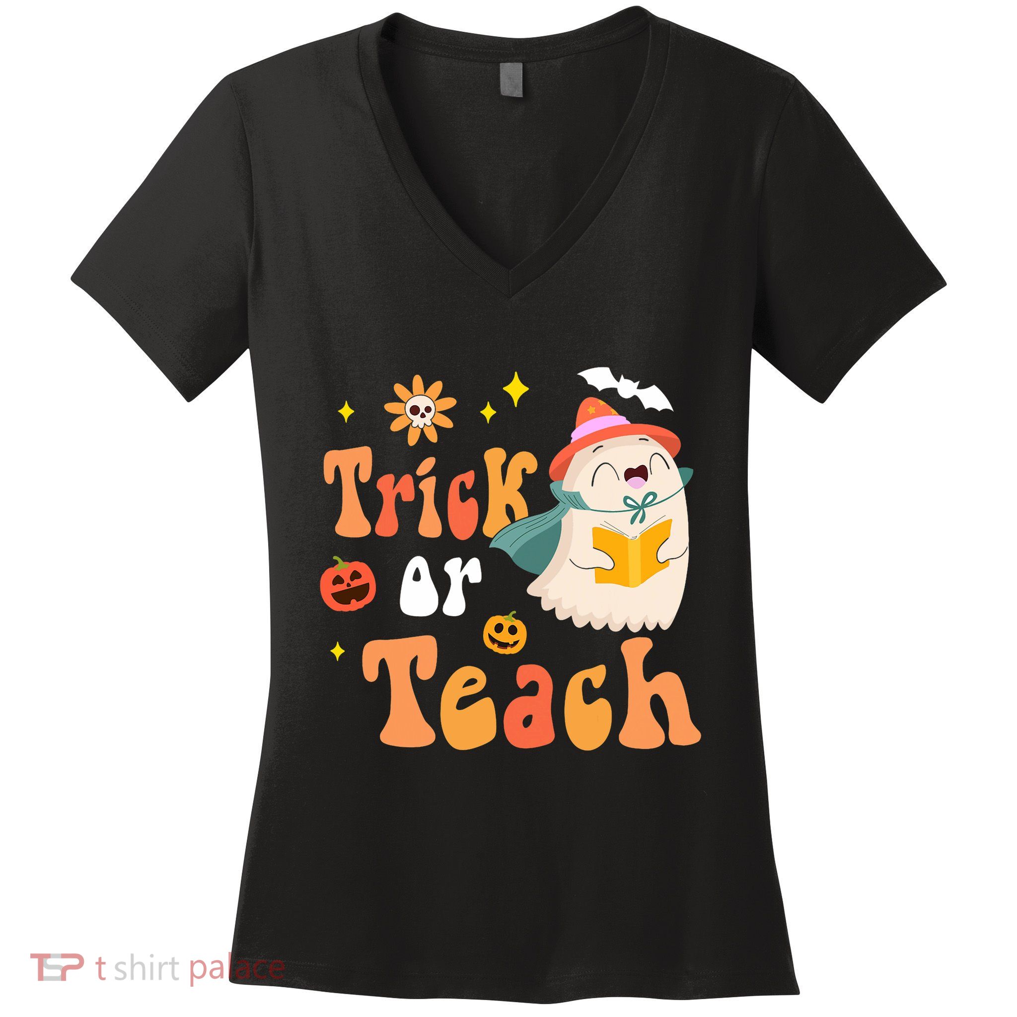 Groovy Halloween Trick Or Teach Floral Ghost Teacher Women's V-Neck T-Shirt