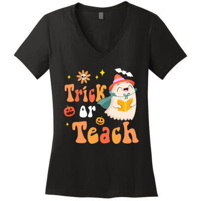 Groovy Halloween Trick Or Teach Floral Ghost Teacher Women's V-Neck T-Shirt