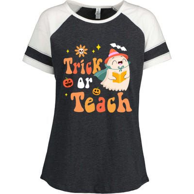 Groovy Halloween Trick Or Teach Floral Ghost Teacher Enza Ladies Jersey Colorblock Tee