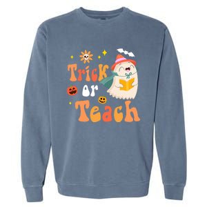 Groovy Halloween Trick Or Teach Floral Ghost Teacher Garment-Dyed Sweatshirt