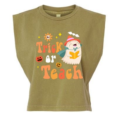 Groovy Halloween Trick Or Teach Floral Ghost Teacher Garment-Dyed Women's Muscle Tee