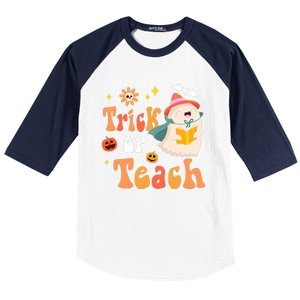 Groovy Halloween Trick Or Teach Floral Ghost Teacher Baseball Sleeve Shirt