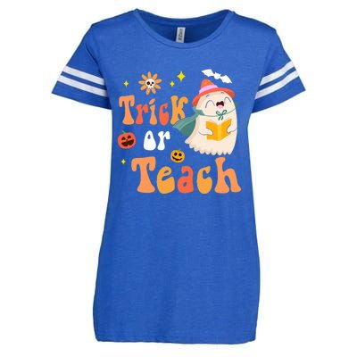 Groovy Halloween Trick Or Teach Floral Ghost Teacher Enza Ladies Jersey Football T-Shirt