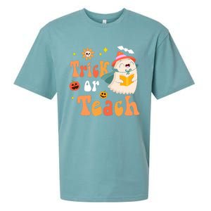 Groovy Halloween Trick Or Teach Floral Ghost Teacher Sueded Cloud Jersey T-Shirt