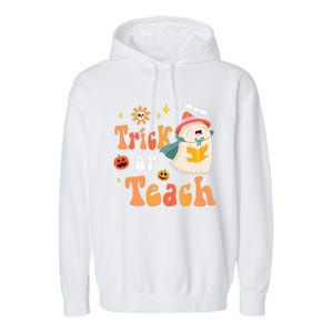 Groovy Halloween Trick Or Teach Floral Ghost Teacher Garment-Dyed Fleece Hoodie