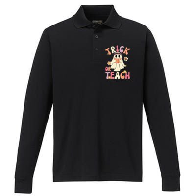 Groovy Halloween Trick or Teach Retro Floral Ghost Teacher Performance Long Sleeve Polo