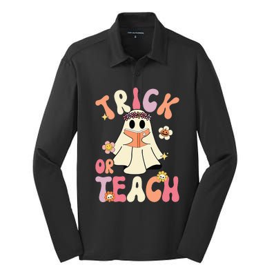 Groovy Halloween Trick or Teach Retro Floral Ghost Teacher Silk Touch Performance Long Sleeve Polo