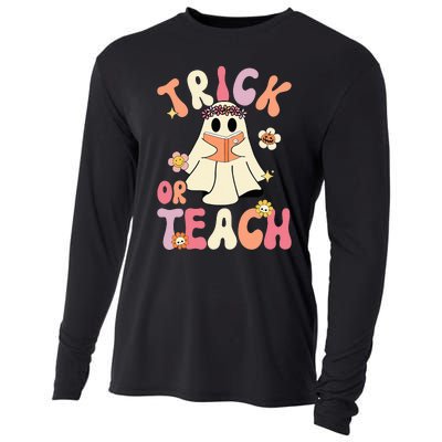 Groovy Halloween Trick or Teach Retro Floral Ghost Teacher Cooling Performance Long Sleeve Crew