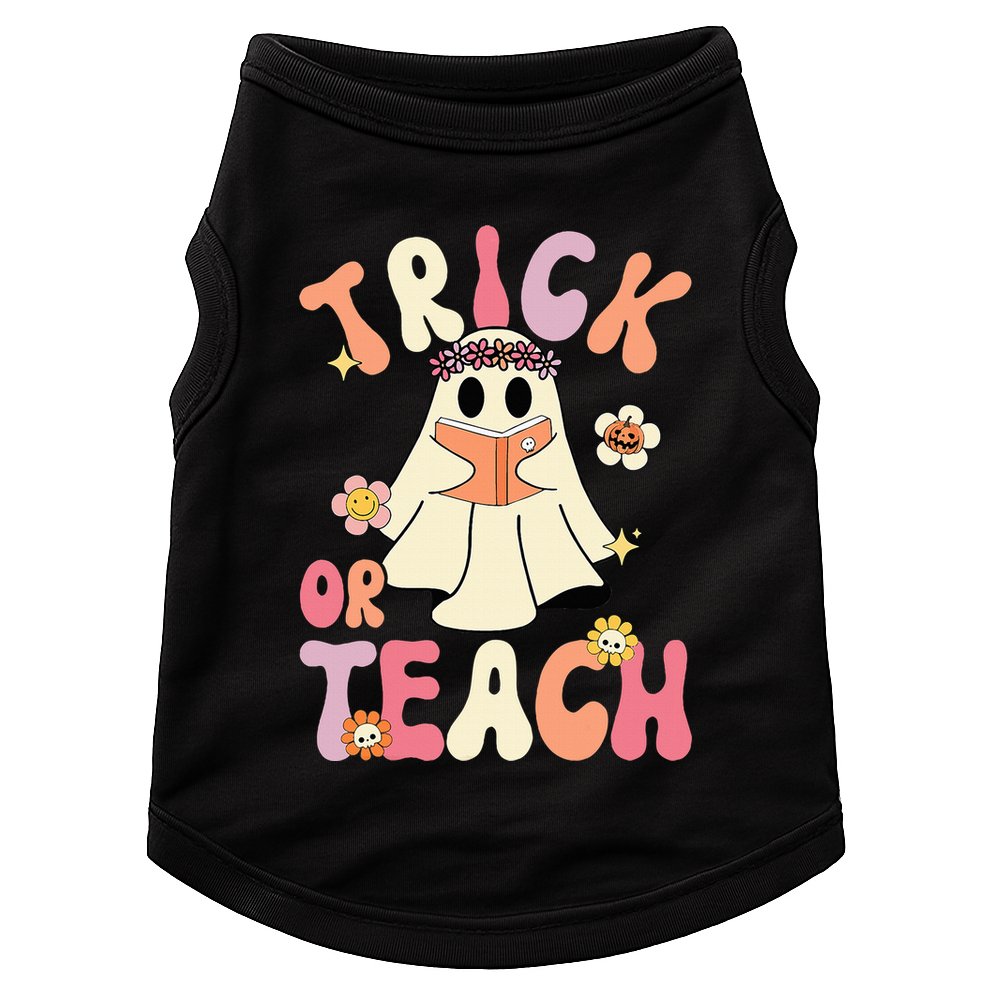 Groovy Halloween Trick Or Teach Retro Floral Ghost Teacher Doggie Tank