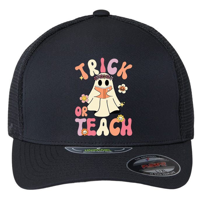 Groovy Halloween Trick Or Teach Retro Floral Ghost Teacher Flexfit Unipanel Trucker Cap