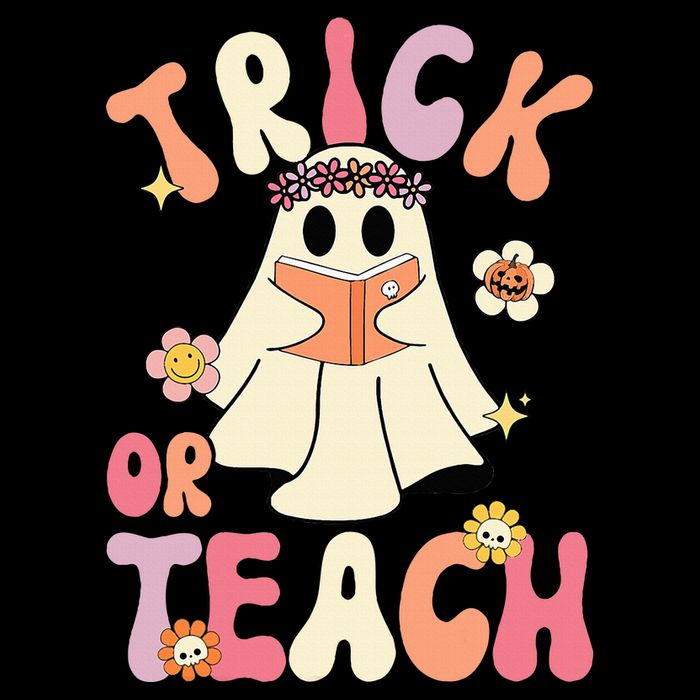Groovy Halloween Trick Or Teach Retro Floral Ghost Teacher Flexfit Unipanel Trucker Cap