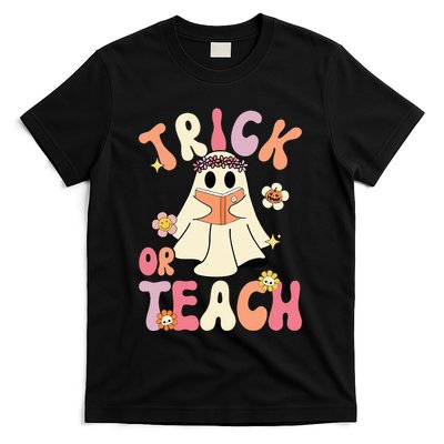 Groovy Halloween Trick Or Teach Retro Floral Ghost Teacher T-Shirt