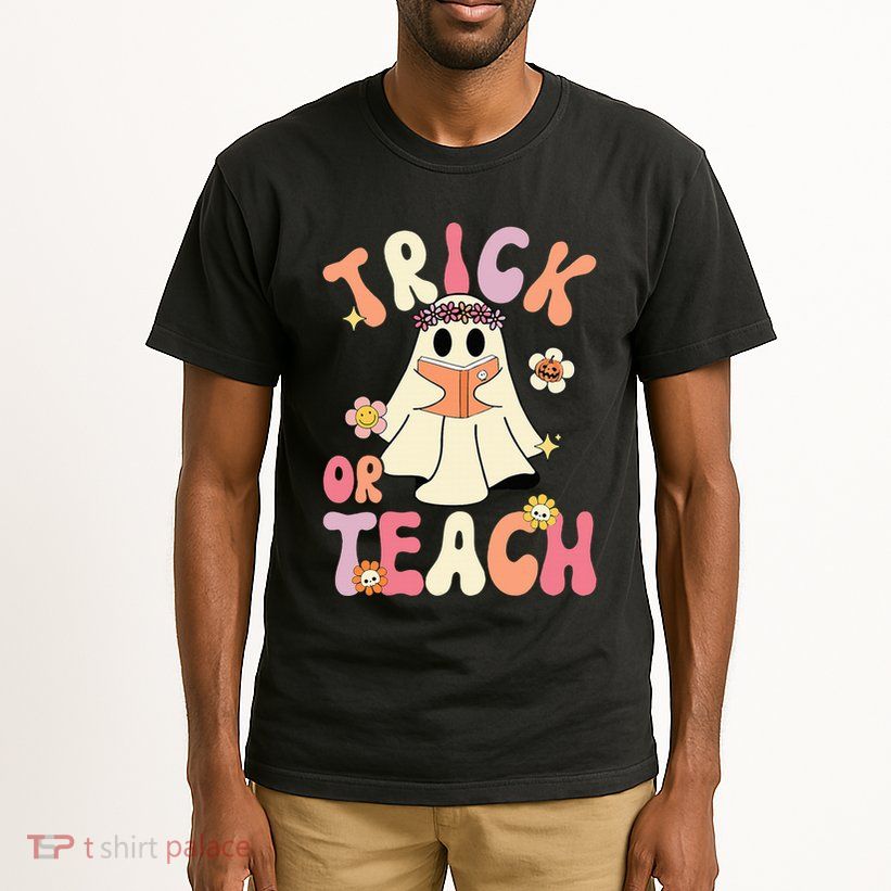 Groovy Halloween Trick Or Teach Retro Floral Ghost Teacher Tall T-Shirt