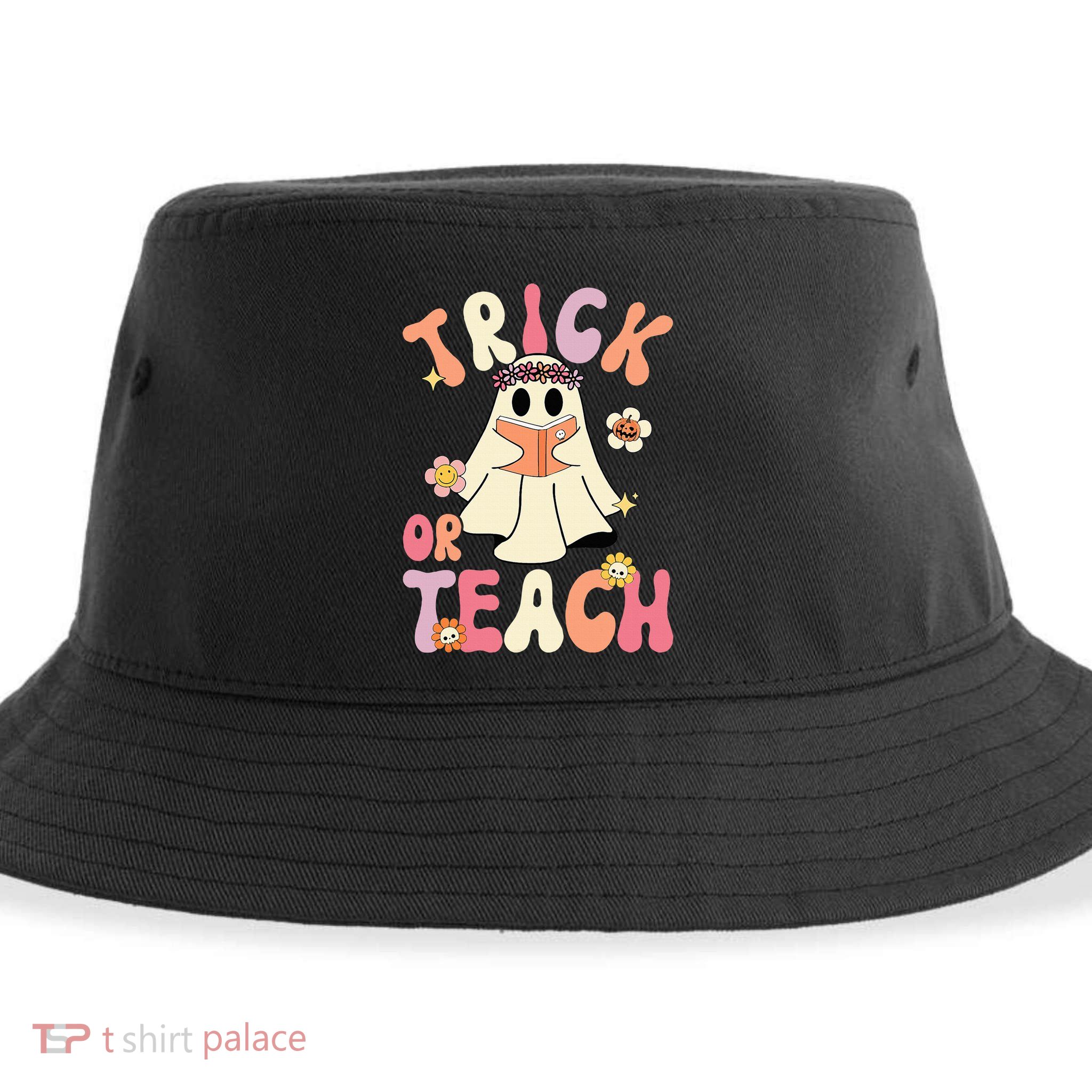 Groovy Halloween Trick Or Teach Retro Floral Ghost Teacher Sustainable Bucket Hat