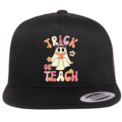 Groovy Halloween Trick Or Teach Retro Floral Ghost Teacher Flatbill Hat