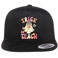 Groovy Halloween Trick Or Teach Retro Floral Ghost Teacher Flat Bill Trucker Hat