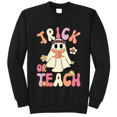 Groovy Halloween Trick Or Teach Retro Floral Ghost Teacher Tall Sweatshirt