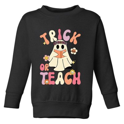 Groovy Halloween Trick Or Teach Retro Floral Ghost Teacher Toddler Sweatshirt